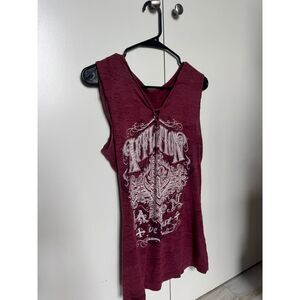RARE Vintage Affliction Distressed Open Back Bedazzled Maroon Tank Top